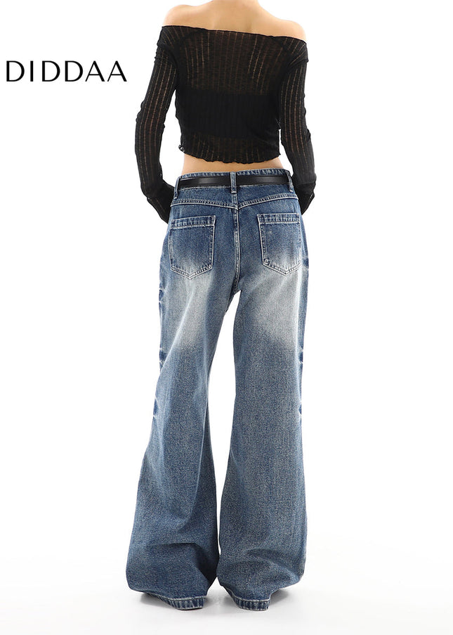 Light Blue Distressed Low Waist Straight Jeans - Women’s Jeans