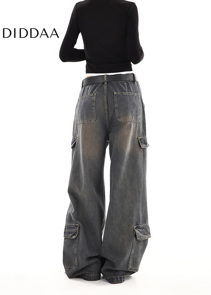 Light Blue Distressed Multi-Pocket Cargo Jeans - Women’s Jeans