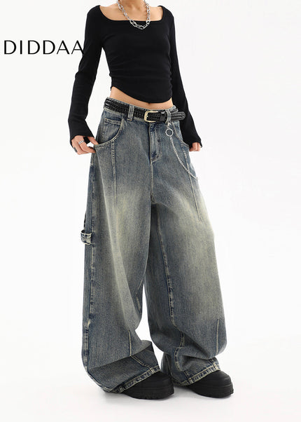 Light Blue Distressed Wide-Leg Cargo Jeans Women - Women’s Jeans