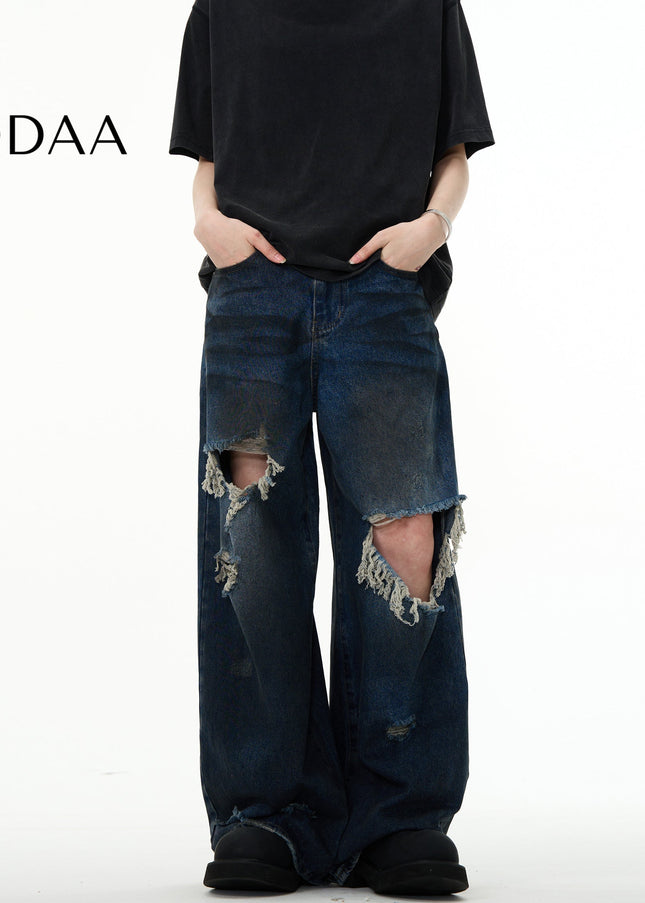 Light Blue Distressed Wide Leg Mop Jeans - S / Dark Blue - Men’s Jeans