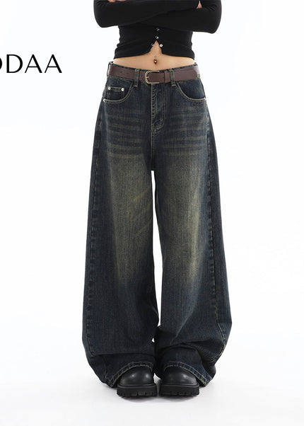 Light Blue Distressed Wide-Legged Straight-Leg Jeans - S / Dark Blue - Women’s Jeans