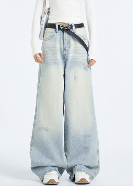 Light Blue High-Waisted Frayed Wide-Leg Jeans - Women’s Jeans