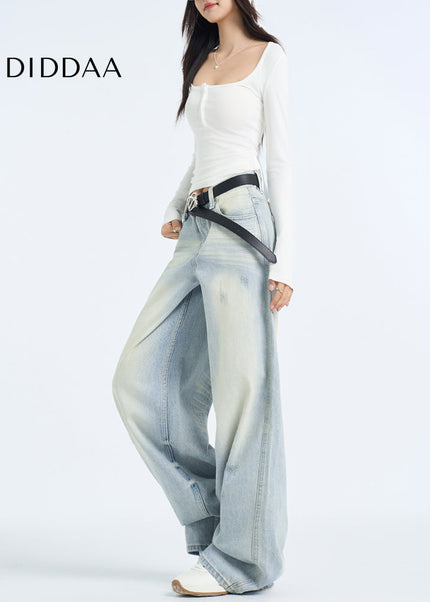 Light Blue High-Waisted Frayed Wide-Leg Jeans - Women’s Jeans