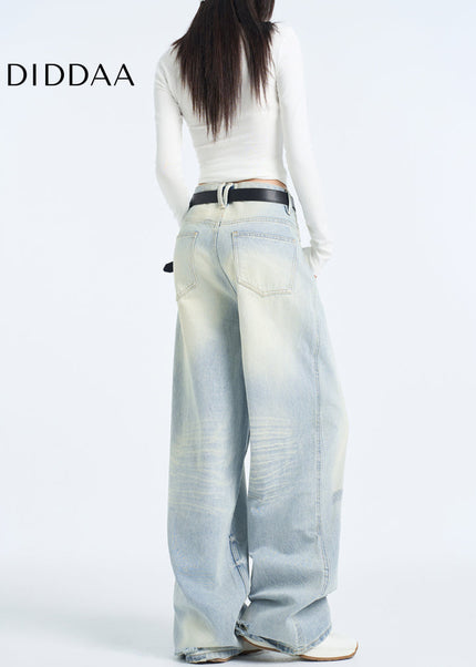 Light Blue High-Waisted Frayed Wide-Leg Jeans - Women’s Jeans