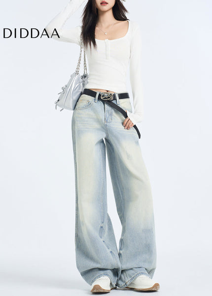 Light Blue High-Waisted Frayed Wide-Leg Jeans - Women’s Jeans