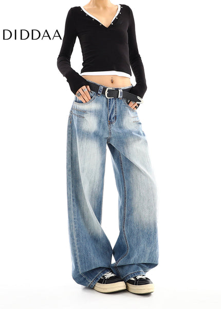 Light Blue High-Waisted Straight Jeans with Pressed Pleats - Women’s Jeans