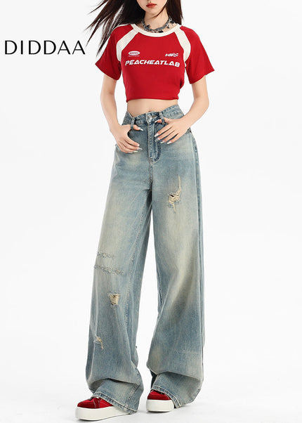 Light Blue Retro Ripped High-Waisted Wide-Leg Jeans - Women’s Jeans