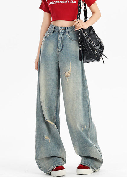Light Blue Retro Ripped High-Waisted Wide-Leg Jeans - Women’s Jeans