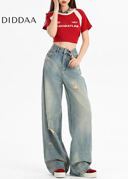 Light Blue Retro Ripped High-Waisted Wide-Leg Jeans - Women’s Jeans