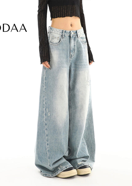 Light Blue Ripped Low-Rise Wide-Leg Jeans for Women - S / Blue - Women’s Jeans