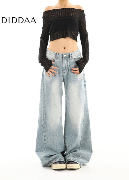 Light Blue Ripped Low-Rise Wide-Leg Jeans for Women - Women’s Jeans