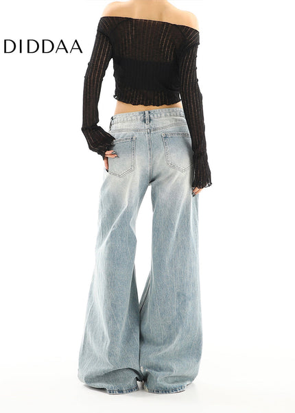 Light Blue Ripped Low-Rise Wide-Leg Jeans for Women - Women’s Jeans