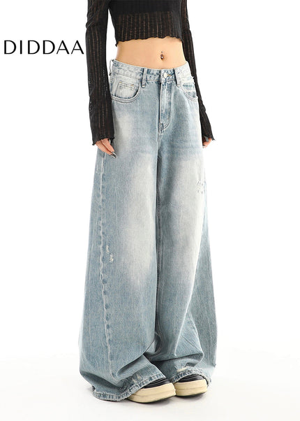 Light Blue Ripped Low-Rise Wide-Leg Jeans for Women - Women’s Jeans