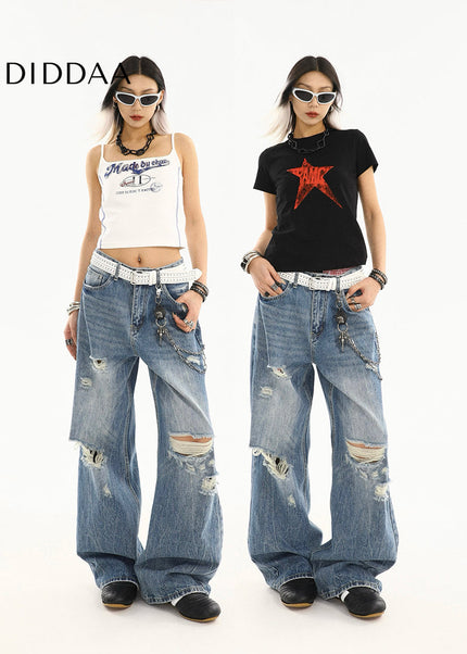 Light Blue Ripped Wide-Leg Jeans for Women Summer - Women’s Jeans