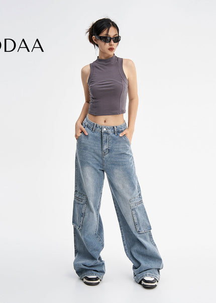 Light Blue Vintage Wash Distressed Wide-Leg Jeans - Women’s Jeans