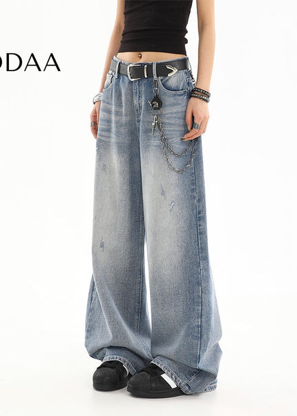 Light Blue Washed Distressed Straight Leg Jeans - S / Blue - Women’s Jeans