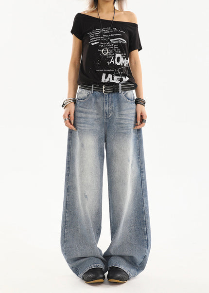 Light Blue Washed Distressed Straight Leg Jeans - Women’s Jeans