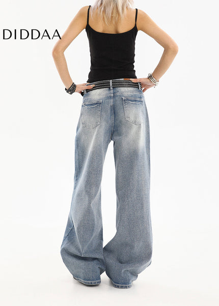 Light Blue Washed Distressed Straight Leg Jeans - Women’s Jeans