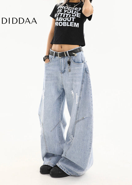 Light Color Ripped Scimitar Jeans Women’s Retro Loose Pants - Women’s Jeans