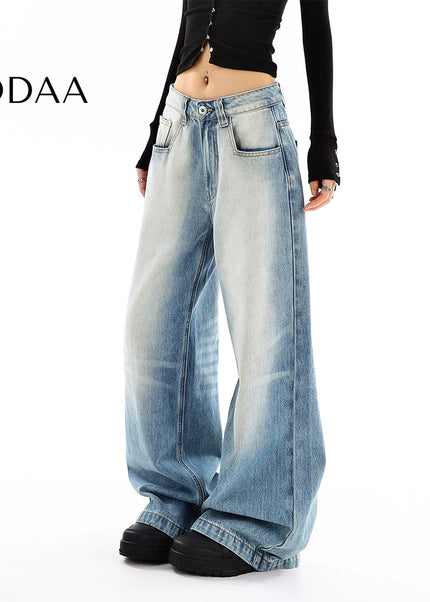 Light-Colored Distressed Wide-Leg Mop Trousers - S / Light Blue - Women’s Jeans