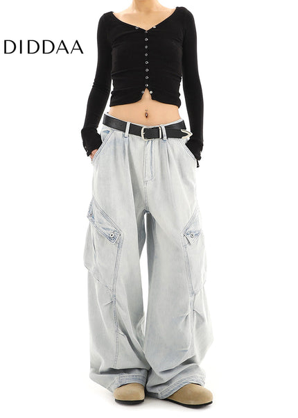 Light-Colored Washed Distressed Cargo Jeans Women’s Multi-Pocket - Women’s Jeans