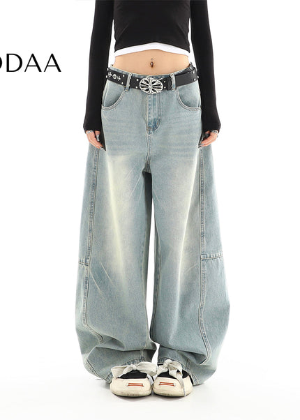 Light Washed Distressed Wide Leg Mop Jeans for Women - S / Light Blue - Women’s Jeans