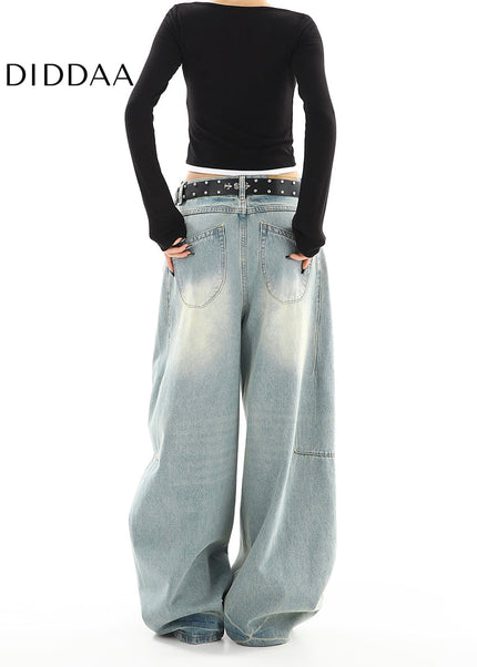 Light Washed Distressed Wide Leg Mop Jeans for Women - Women’s Jeans