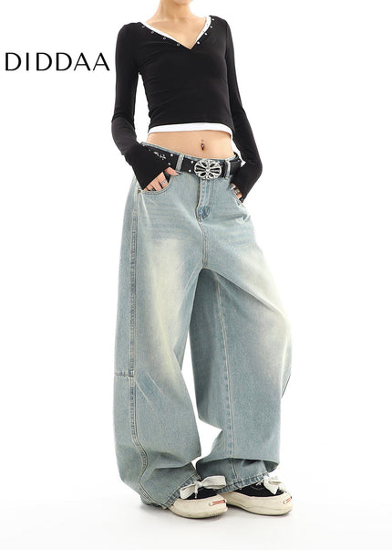 Light Washed Distressed Wide Leg Mop Jeans for Women - Women’s Jeans