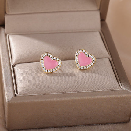 Lover Earrings | Gold Cute Pink Heart Zirconia Stud Earrings