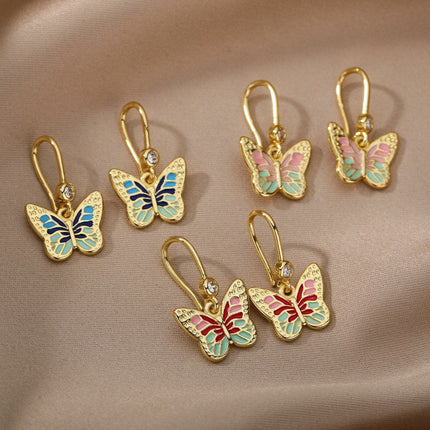 Luciole Earrings | Gold Colorful Butterfly Animal Drop Earrings - Earrings
