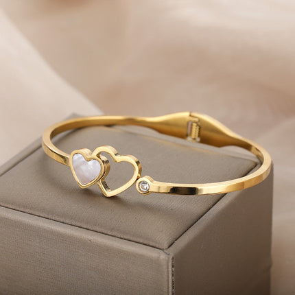 Luvre Bracelet | Gold Love Heart Zirconia Resizable Bangle - Gold - Bracelets