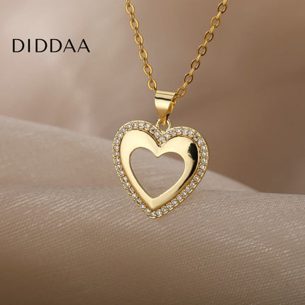 March Pendant Necklace | Gold Zirconia Hollow Heart Chain - Gold - Necklaces