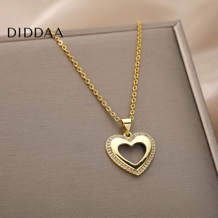 March Pendant Necklace | Gold Zirconia Hollow Heart Chain - Gold - Necklaces
