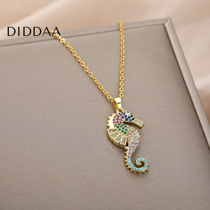 Marine Pendant Necklace | Gold Colorful Zirconia Sea Horse Chain - Gold - Necklaces