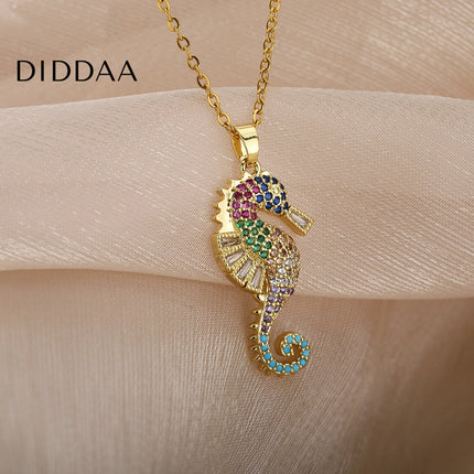 Marine Pendant Necklace | Gold Colorful Zirconia Sea Horse Chain - Gold - Necklaces