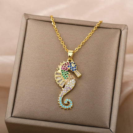 Marine Pendant Necklace | Gold Colorful Zirconia Sea Horse Chain - Gold - Necklaces