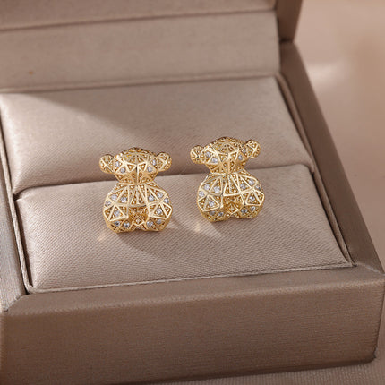 SOUVOIR Gold 14K Gold Plated, Zirconia Earrings Matilda Earrings | Gold 3D Bear Zirconia Stud Earrings