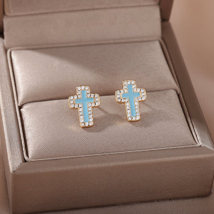 SOUVOIR Blue 14K Gold Plated, Zirconia Earrings Medelin Earrings | Gold White Cross Zirconia Stud Earrings