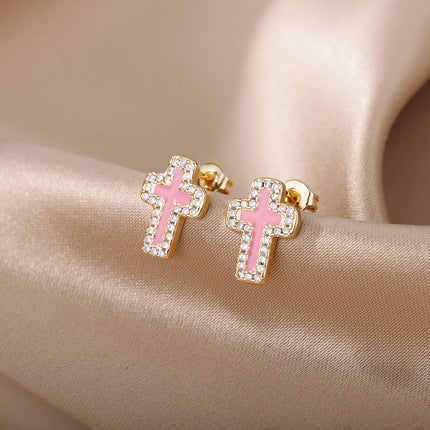 SOUVOIR 14K Gold Plated, Zirconia Earrings Medelin Earrings | Gold White Cross Zirconia Stud Earrings