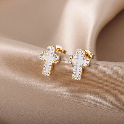 SOUVOIR 14K Gold Plated, Zirconia Earrings Medelin Earrings | Gold White Cross Zirconia Stud Earrings
