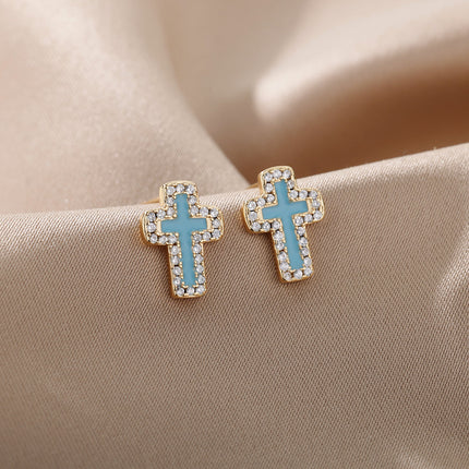 SOUVOIR 14K Gold Plated, Zirconia Earrings Medelin Earrings | Gold White Cross Zirconia Stud Earrings