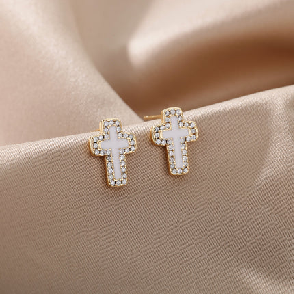 SOUVOIR 14K Gold Plated, Zirconia Earrings Medelin Earrings | Gold White Cross Zirconia Stud Earrings