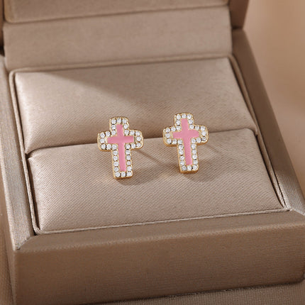 SOUVOIR Pink 14K Gold Plated, Zirconia Earrings Medelin Earrings | Gold White Cross Zirconia Stud Earrings