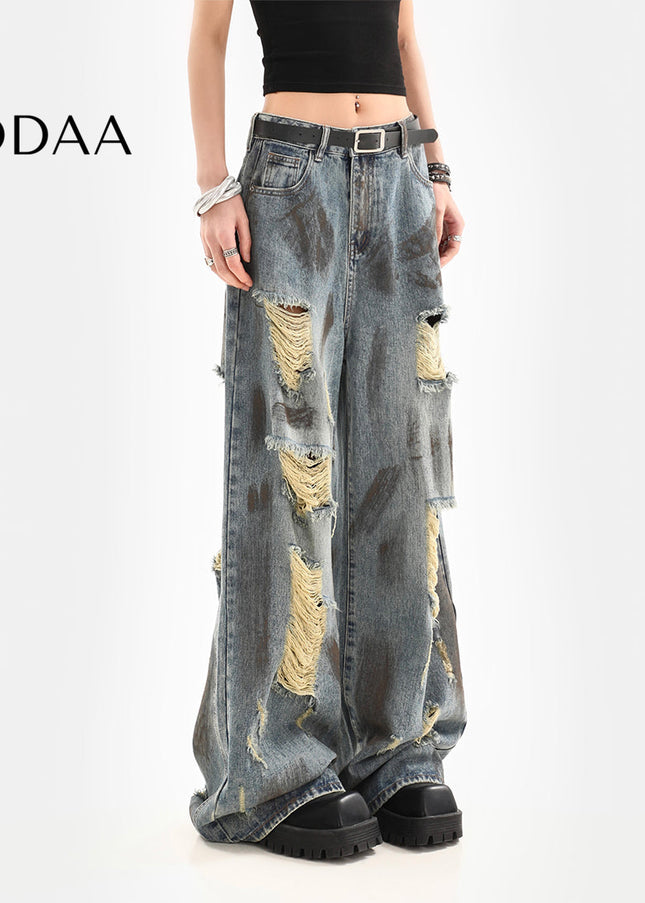 Multi-Colored Distressed Vintage Ripped Wide-Leg Jeans - S / Vintage Blue - Women’s Jeans