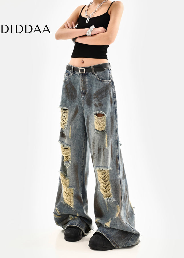 Multi-Colored Distressed Vintage Ripped Wide-Leg Jeans - Women’s Jeans