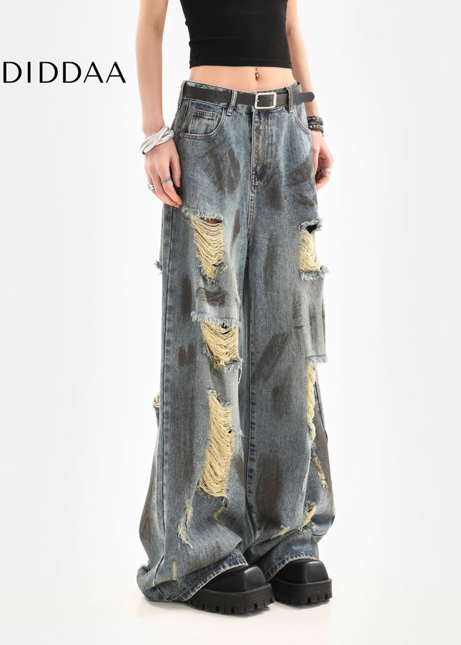Multi-Colored Distressed Vintage Ripped Wide-Leg Jeans - Women’s Jeans