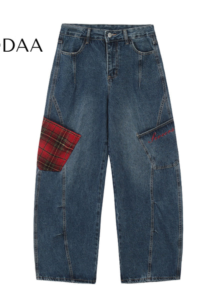 Multicolor Contrast Plaid Wide-Legged Cargo Pants - S / Blue - Women’s Jeans