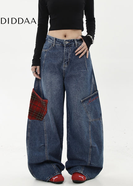 Multicolor Contrast Plaid Wide-Legged Cargo Pants - Women’s Jeans