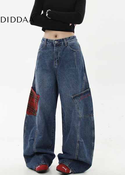 Multicolor Contrast Plaid Wide-Legged Cargo Pants - Women’s Jeans