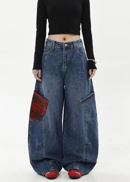 Multicolor Contrast Plaid Wide-Legged Cargo Pants - Women’s Jeans